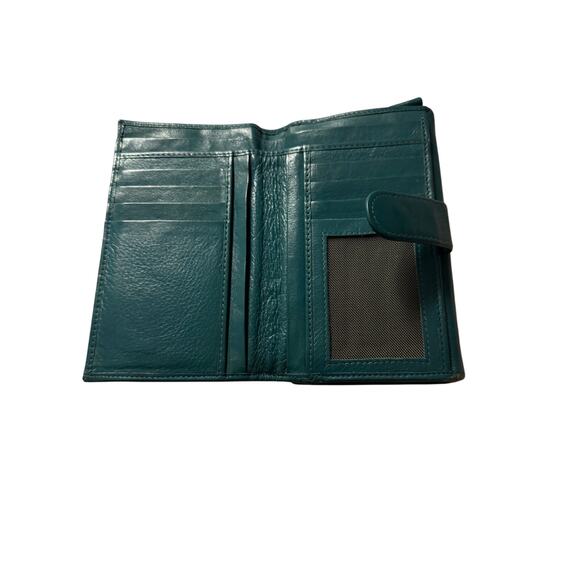 Rare Vintage Laurel Burch Teal Leather Wallet with Silver Horse Motif Trifold - Picture 7 of 8